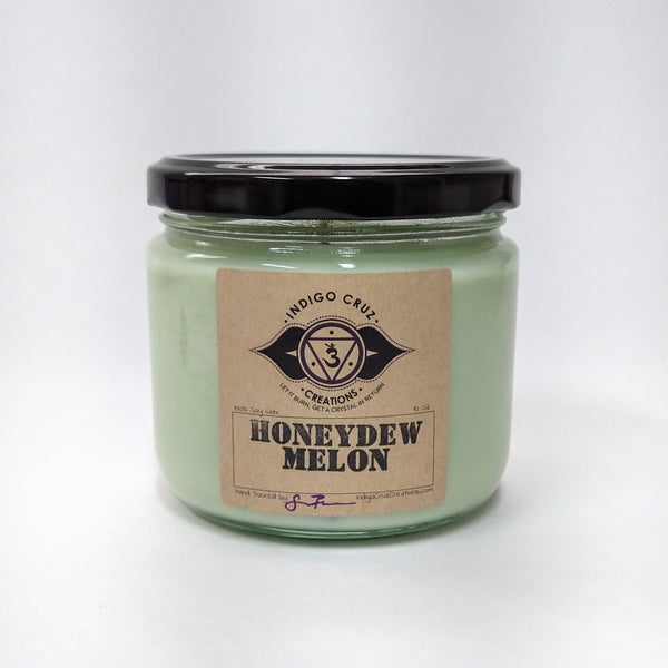 Honeydew Melon 10 oz Soy Wax Candle with a surprise crystal at the bottom