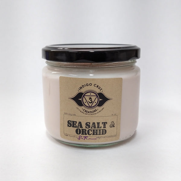 Sea Salt and Orchid 10 oz Soy Wax Candle with a surprise crystal at the bottom