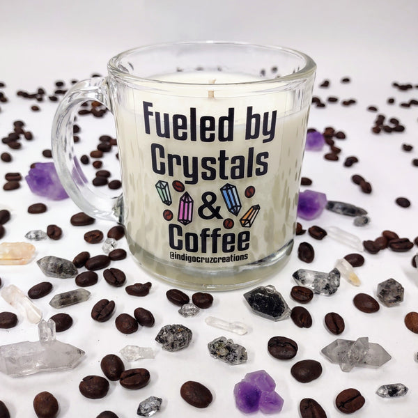 Fueled by Crystals and Coffee soy wax candles with a surprise crystal at the bottom