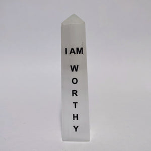 "I am Worthy" Selenite Tower