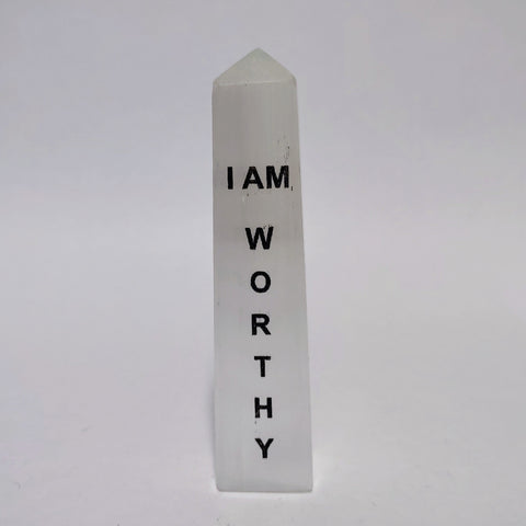 "I am Worthy" Selenite Tower