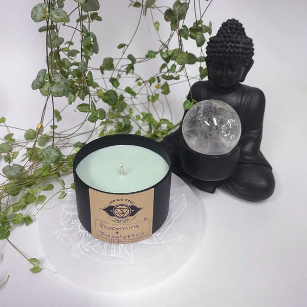 Peppermint and Eucalyptus 8 oz Soy wax candle with a crystal at the bottom