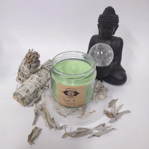 Sage and Cypress 10oz Soy Wax Candle with a crystal at the bottom