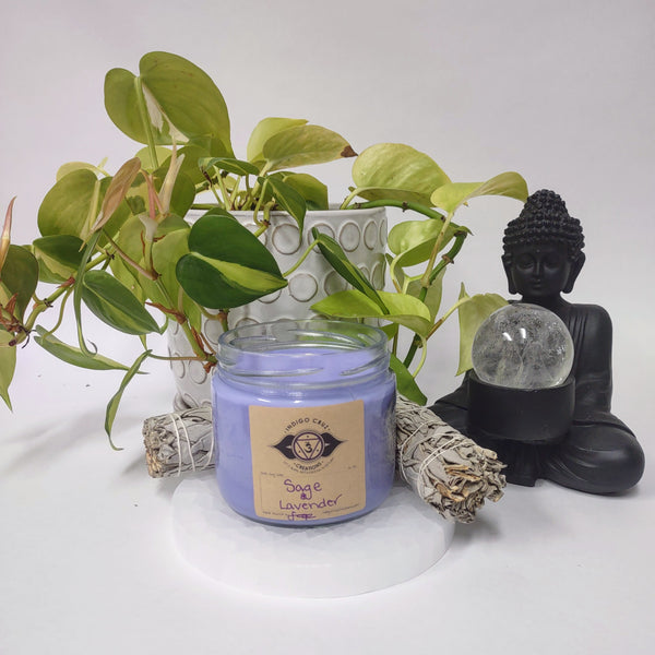 Sage and Lavender 10oz Soy Wax Candle with a crystal at the bottom