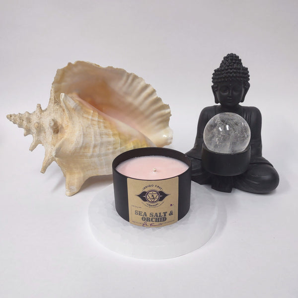 Sea Salt and Orchid 8oz Soy Wax Candle with a surprise crystal at the bottom