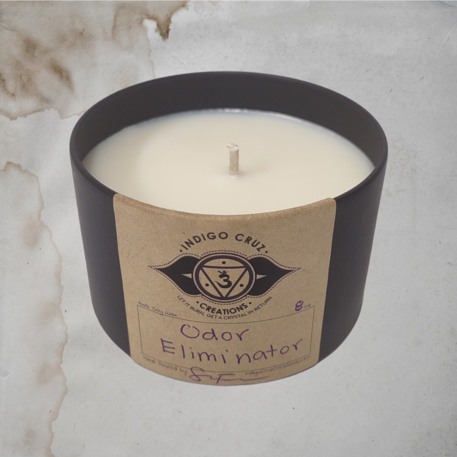 Odor Eliminator 8oz Soy Wax Candle with a crystal at the bottom