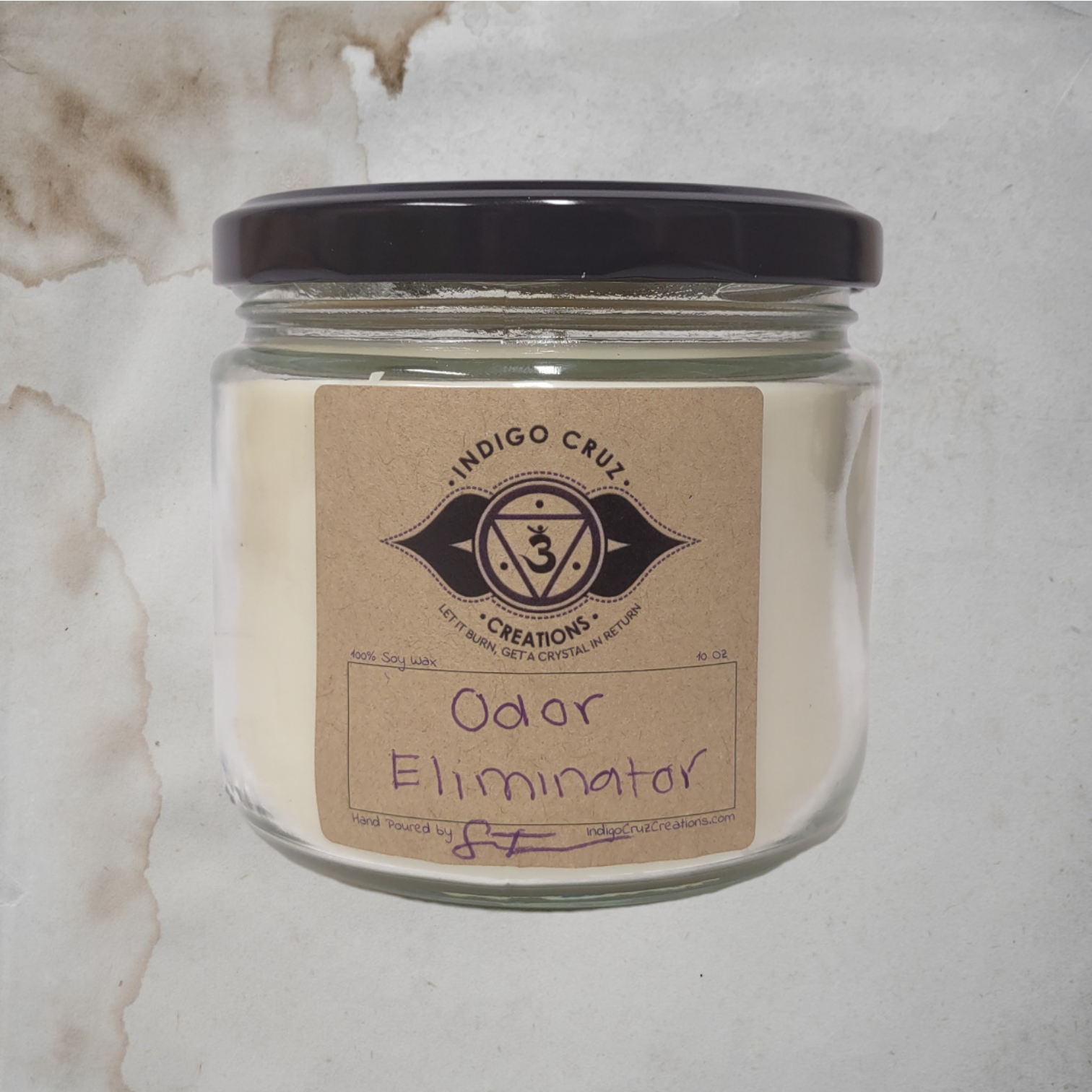 Odor Eliminator 10oz Soy Wax Candle with a crystal at the bottom